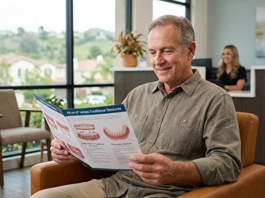 Man Reading Dental Denture Brochure