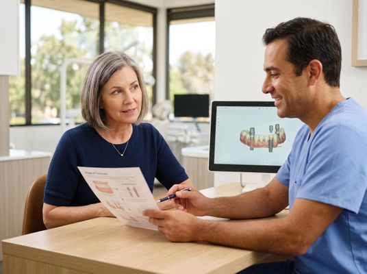 A dentist explains dental implant treatment to an attentive female patient using a document and a 3D model on a computer screen. Dentist discussing dental implants with female patient