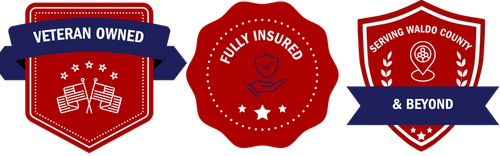 three trust badges that say "veteran owned, fully insured, and serving Waldo County and beyond."
