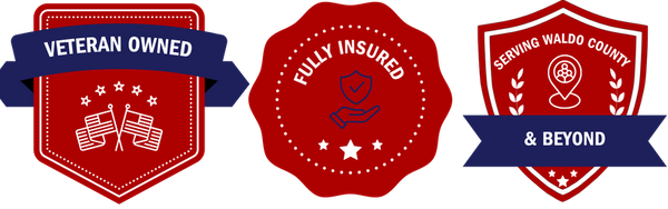 three trust badges that say "veteran owned, fully insured, and serving Waldo County and beyond."