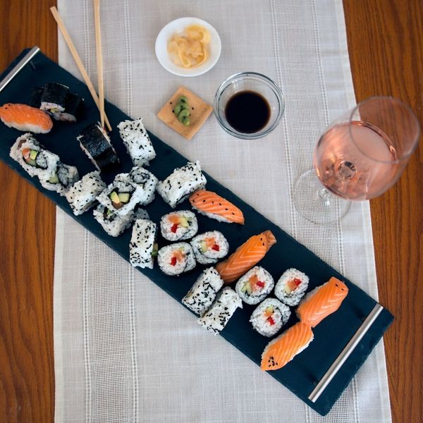 sushi platter with rose wine