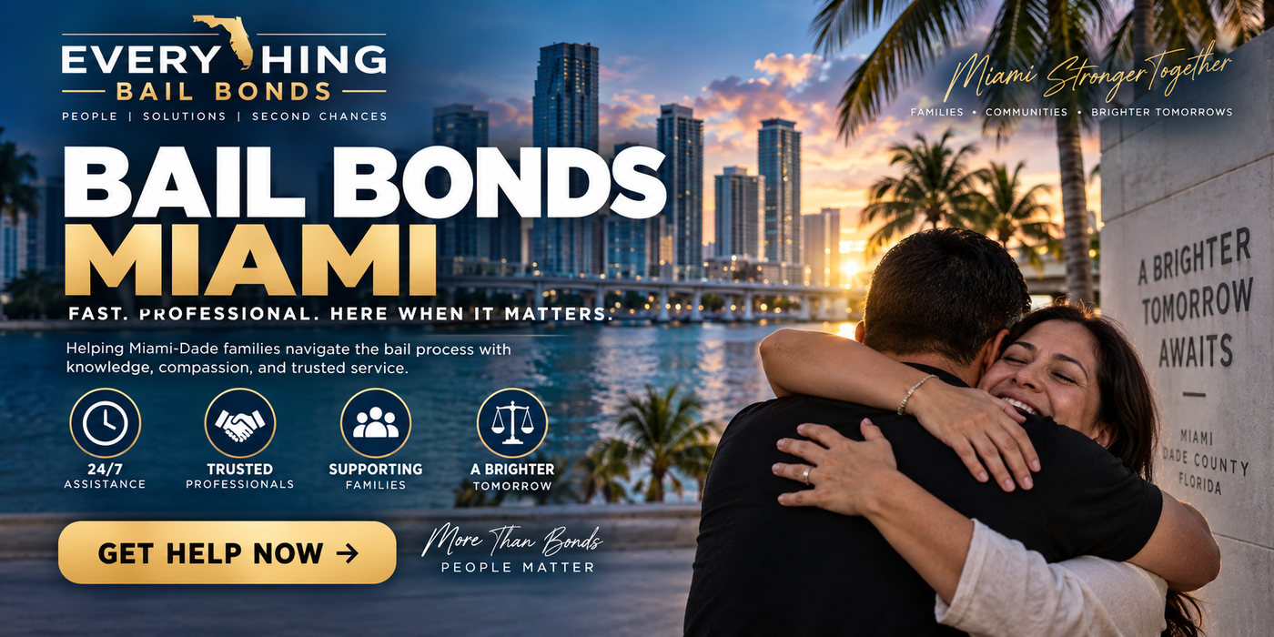Bail Bonds Miami hero image featuring the Miami skyline and a family reunion, representing professional bail bond assistance, guidance, and support for defendants and families throughout Miami-Dade County. Bail Bonds Miami professional bail bond service helping Miami-Dade families with fast and knowledgeable assistance