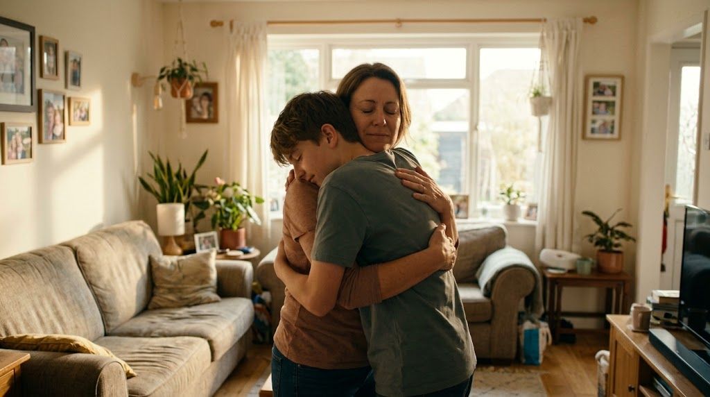 Relieved mother and teenage son embracing in a warm, sunny living room after a safe return home. 4a83fbd1-4772-4d71-984f-88a881359690.jpeg