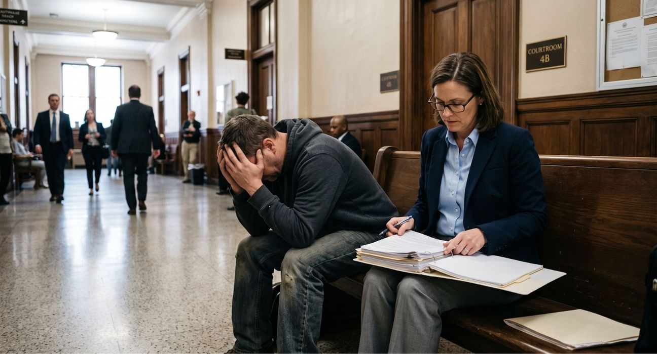 A distressed defendant sitting on a courthouse bench with their head in their hands while a lawyer seriously reviews legal documents next to them. A distressed defendant sitting on a courthouse bench with their head in their hands while a lawyer seriously reviews legal documents next to them.