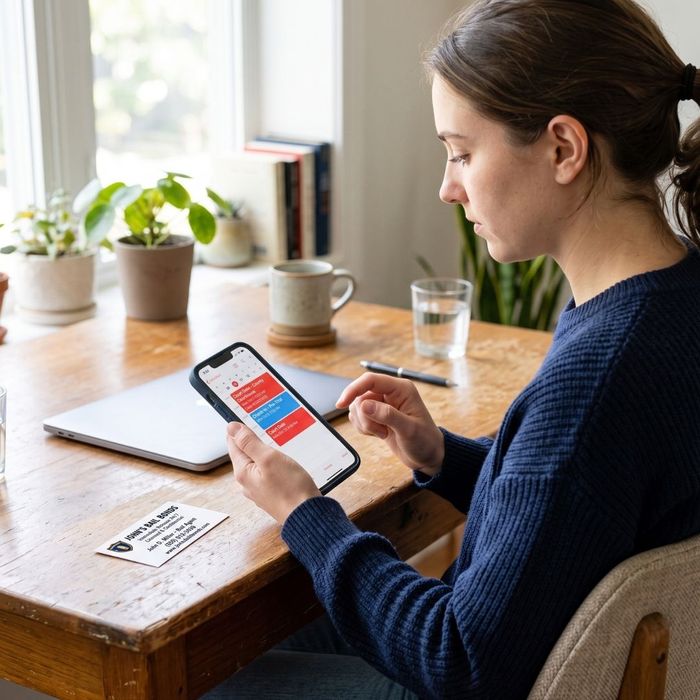 A person checking a smartphone calendar app for upcoming court dates and check-in reminders, with a bail bondsman's business card resting on the desk.