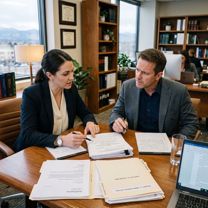 A lawyer and client sitting at a desk earnestly reviewing formal legal motions and evidence documents to modify bail conditions.