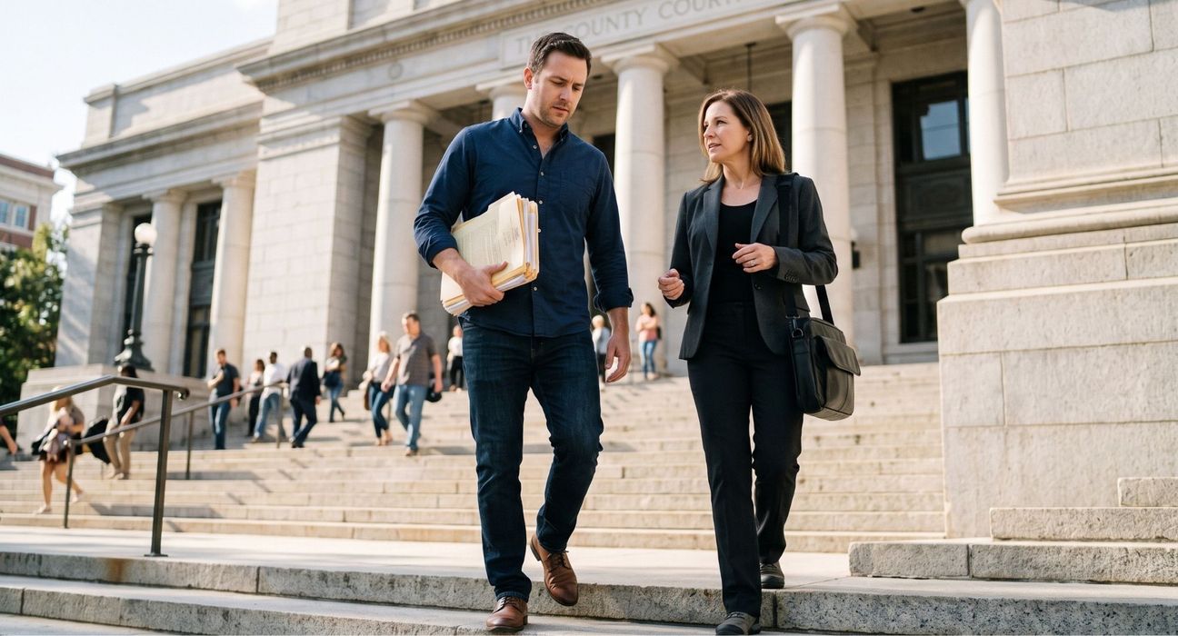 A serious but relieved defendant walking down courthouse steps with a professional bail bond agent after posting bail. A serious but relieved defendant walking down courthouse steps with a professional bail bond agent after posting bail.