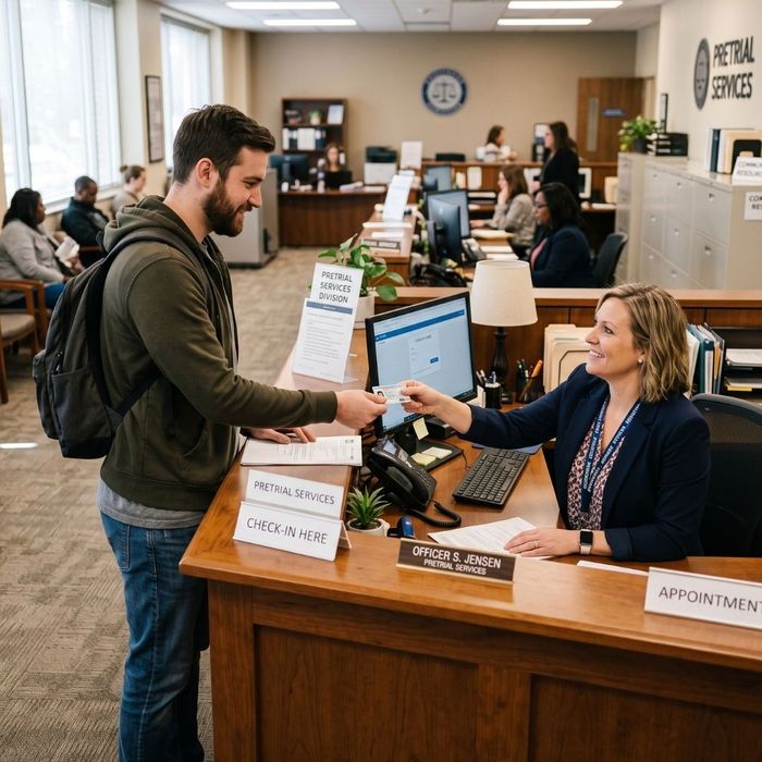 A casually dressed man checking in with a pretrial services officer at a front desk to comply with court-mandated reporting conditions.