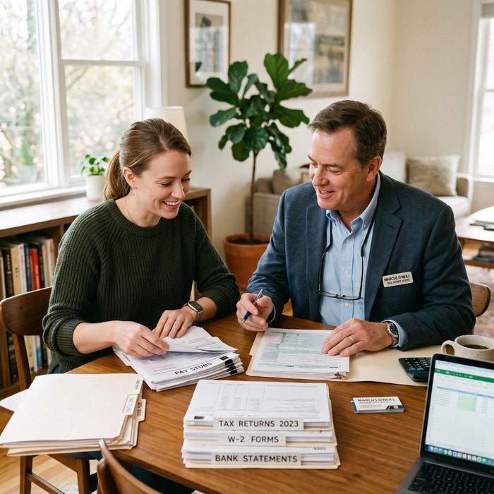 A bail bonds agent helping a client review and organize financial documents like pay stubs and tax returns to verify legitimate funding.