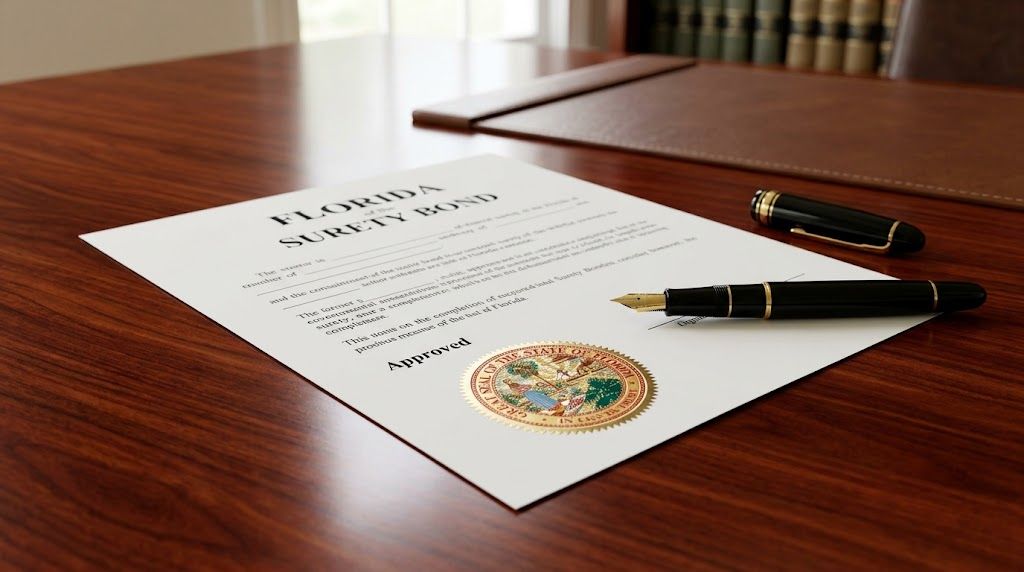 Completed Florida legal bond certificate with an official seal resting on a clean wooden desk. 0776bcbf-eac1-47a6-80dd-4a36167f9d57.jpeg