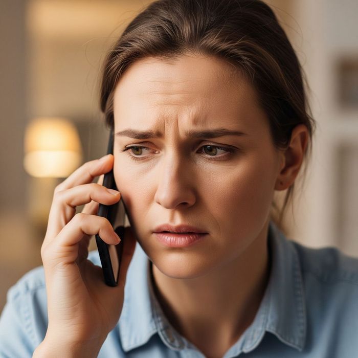 A person on the phone with a look of concern A person on the phone with a look of concern