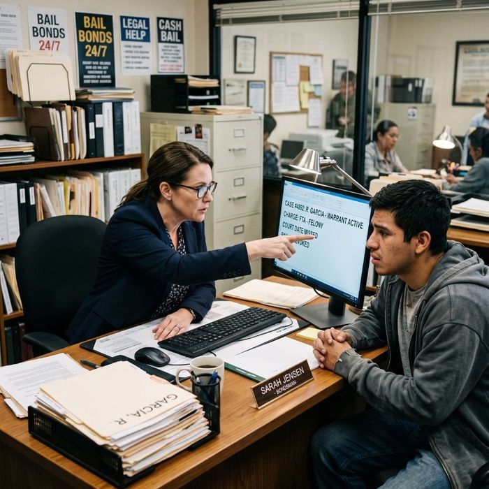 A professional bail bonds agent pointing at a computer screen to show a worried client a serious issue regarding their bond status.