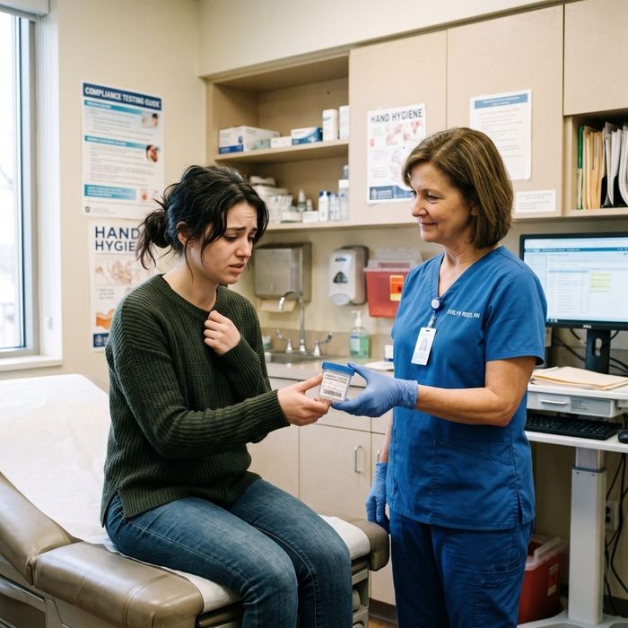 An anxious person in a clinic receiving a medical testing cup from a healthcare professional, representing court-mandated substance abuse compliance.