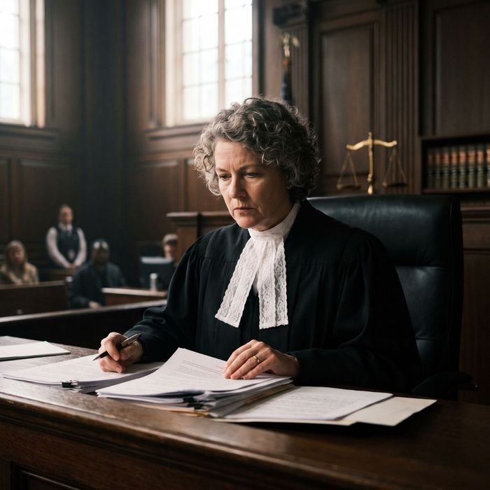 A stern judge in a courtroom looking over legal paperwork, illustrating the court's immediate power to revoke pre-trial release.