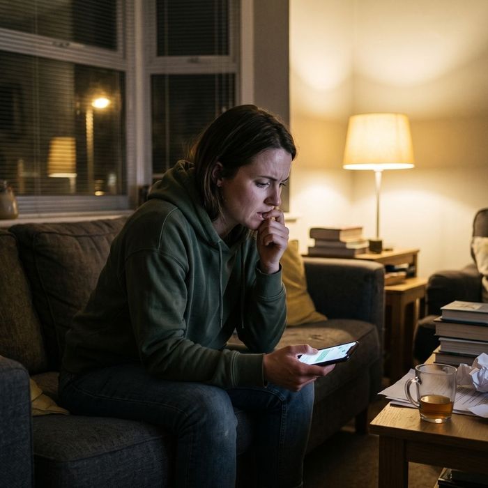 A stressed woman sitting in a dimly lit room looking at her smartphone, illustrating the strict adherence required for immediate no-contact orders.