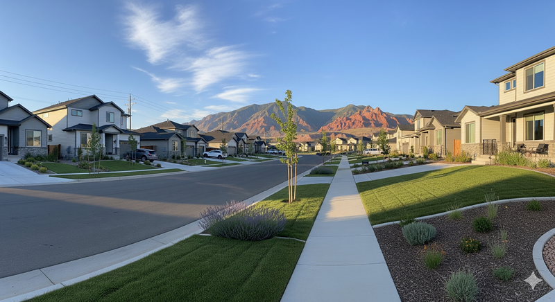 A panoramic view of a clean, modern suburban neighborhood street in Cedar City, Utah, with manicured lawns and mountains visible in the distance.