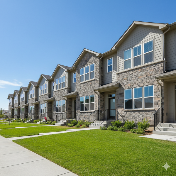 A row of modern, well-maintained townhomes at Cross Hollow with neat landscaping on a bright day.