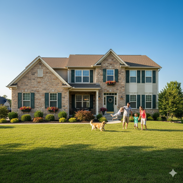 A charming suburban home with a perfect green lawn and a happy family in the front yard on a sunny day.