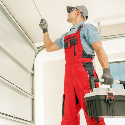a worker in overalls and safety gear holding a toolbox and working on a garage door