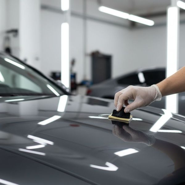 A gloved hand meticulously applies a ceramic coating to the glossy hood of a grey car in a well-lit detailing studio.