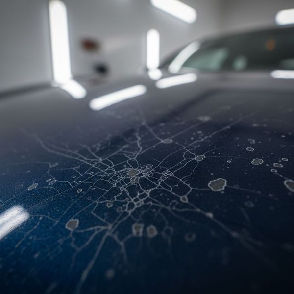 A detailed shot of a dark blue car's hood shows severe paint etching and damage under bright lights.