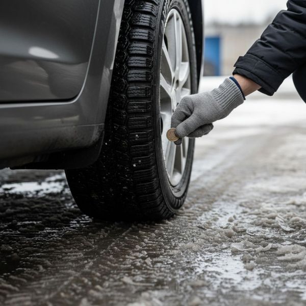 A gloved hand uses a coin to check the tread of a car tire on a wet, slushy surface.