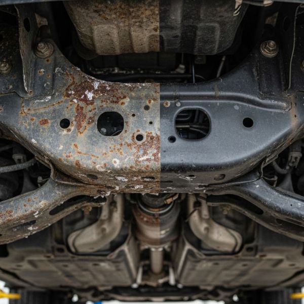 A corroded section of a car's frame is contrasted with a clean, rust-free area.