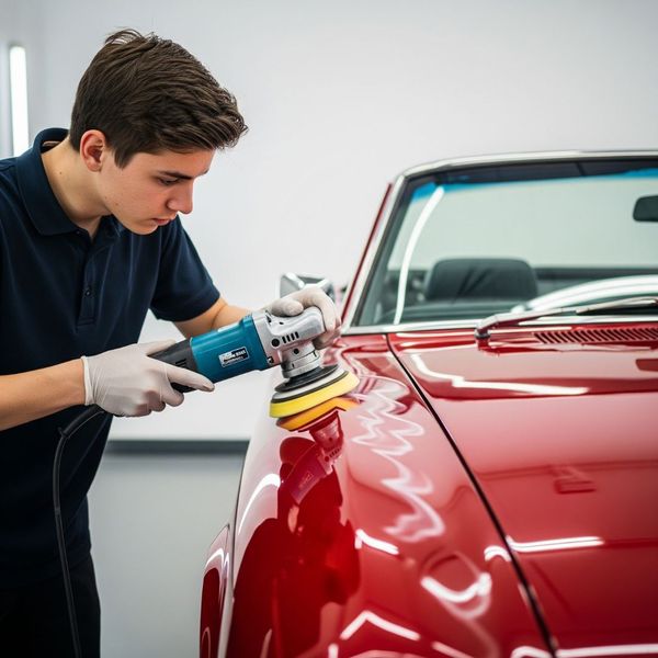 An auto detailer performs paint correction on a red car to restore its shine. An auto detailer performs paint correction on a red car to restore its shine.