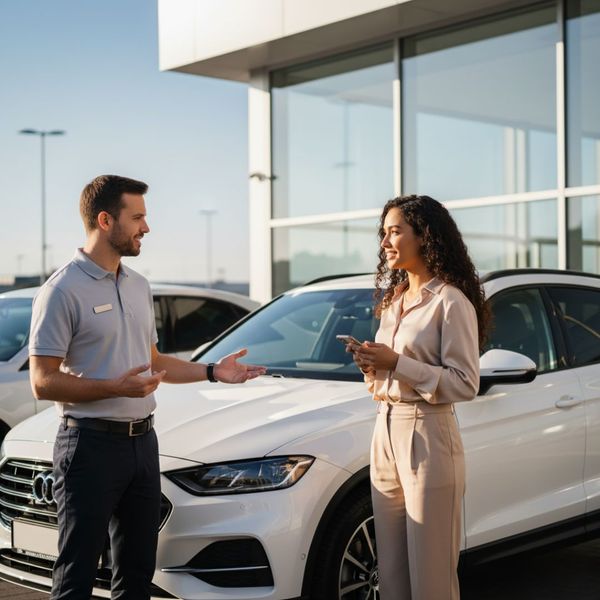 A car salesman in a gray polo shirt is gesturing and talking to a customer, a woman in a beige outfit, in front of a white SUV at a dealership. She is smiling and holding her phone.