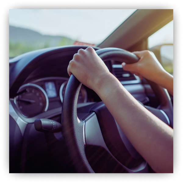 Hands holding a driver's wheel