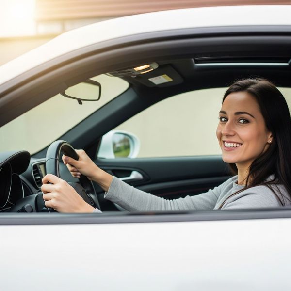 A smiling driver with hands on the steering wheel of a clean car. A smiling driver with hands on the steering wheel of a clean car.