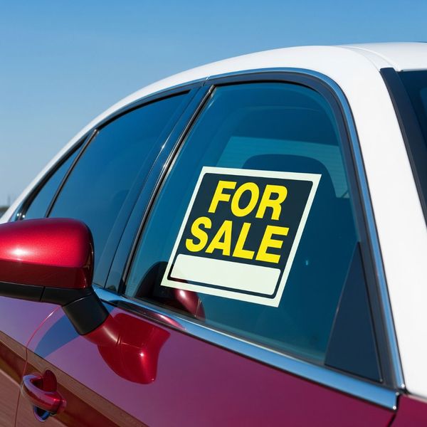 A 'For Sale' sign in the window of a pristine, polished car. A 'For Sale' sign in the window of a pristine, polished car.