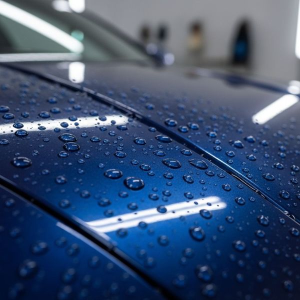 Close-up of intense water beading on a dark blue car's hood, showcasing a strong hydrophobic effect.