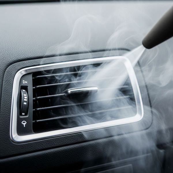 A car's air vent being steam-cleaned to remove dust and allergens. A car's air vent being steam-cleaned to remove dust and allergens.