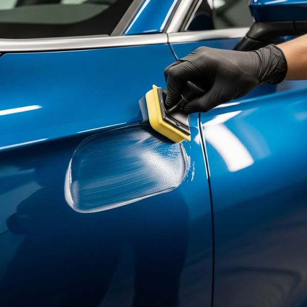 A person applying a protective wax sealant to the paint of a car. A person applying a protective wax sealant to the paint of a car.