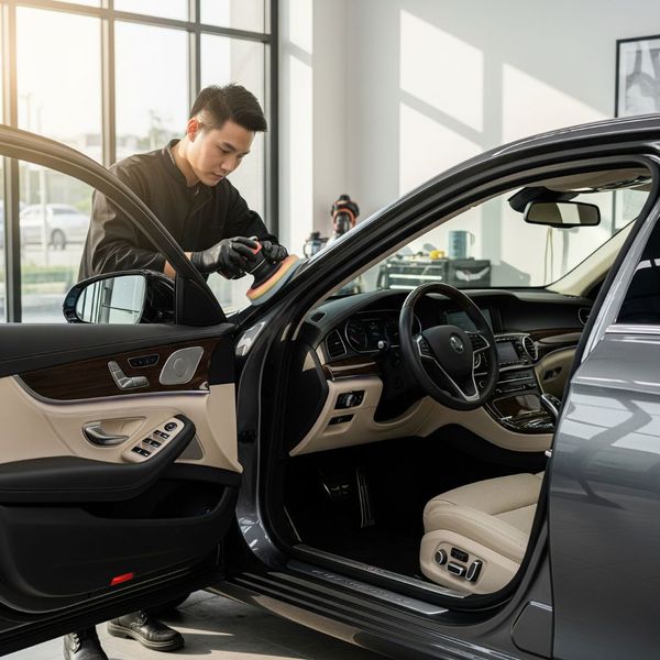 A skilled auto detailer buffs the side of a glossy gray car with a polishing tool, with the clean, detailed black leather interior visible through the open passenger door. A skilled auto detailer buffs the side of a glossy gray car with a polishing tool, with the clean, detailed black leather interior visible through the open passenger door.