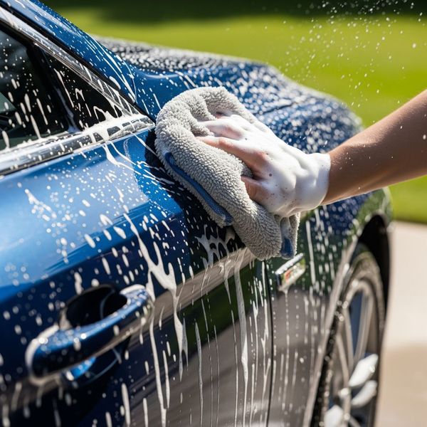 A car's exterior being hand-washed with a microfiber mitt and soap. A car's exterior being hand-washed with a microfiber mitt and soap.