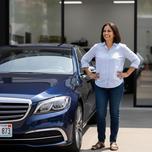Happy car owner looking proudly at their meticulously maintained vehicle