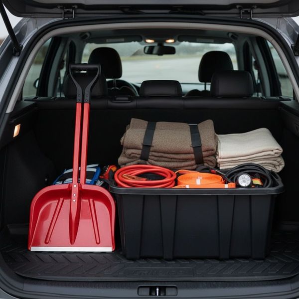 A car's open trunk displays a neatly arranged winter emergency kit, including blankets, jumper cables, and a red shovel.