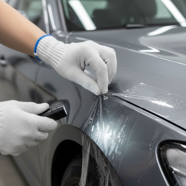 A person wearing white gloves carefully inspects the edge of a transparent film being applied to a grey car's fender.