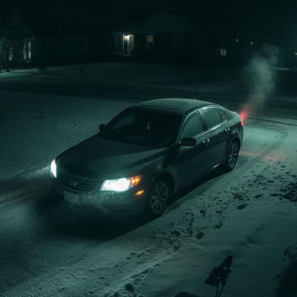 A dark-colored sedan sits in a snowy residential driveway at night. Steam rises from the hood, and the car's headlights are on, suggesting it has been recently started remotely in the cold.