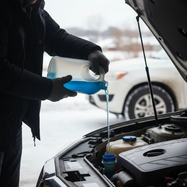 A person in gloves pours blue windshield wiper fluid into a car's reservoir with the hood open, revealing the engine.