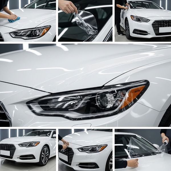 The application process of clear Paint Protection Film on a white car for physical damage defense. The application process of clear Paint Protection Film on a white car for physical damage defense.