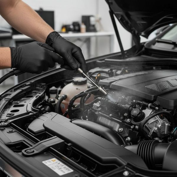 A professional detailer is carefully cleaning intricate engine components with a dry ice nozzle.