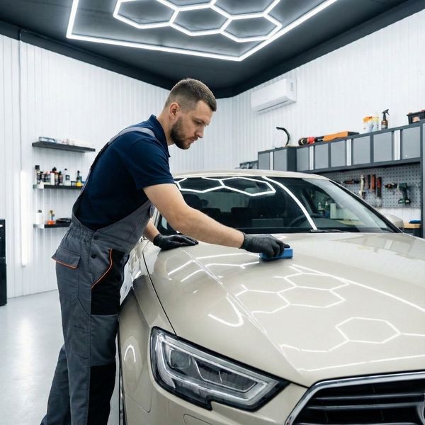 A professional applies ceramic coating in a clean, climate-controlled detailing workshop.