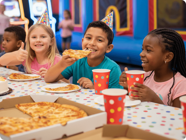 Kids happily celebrating a birthday at Jungle George's with pizza and cake.