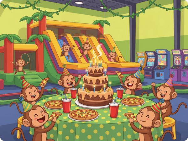 Cartoon of monkeys playing and celebrating a birthday at Jungle George's 