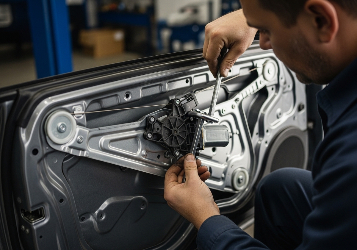 Mechanic repairing a car door window mechanism