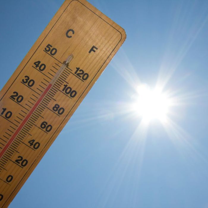 Thermometer showing 100 degree weather against sunny sky