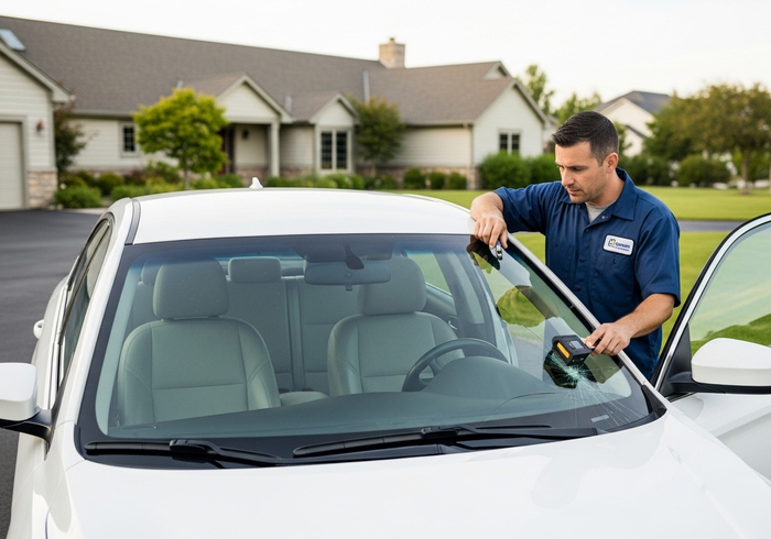 Auto Glass Technician Repairing Windshield